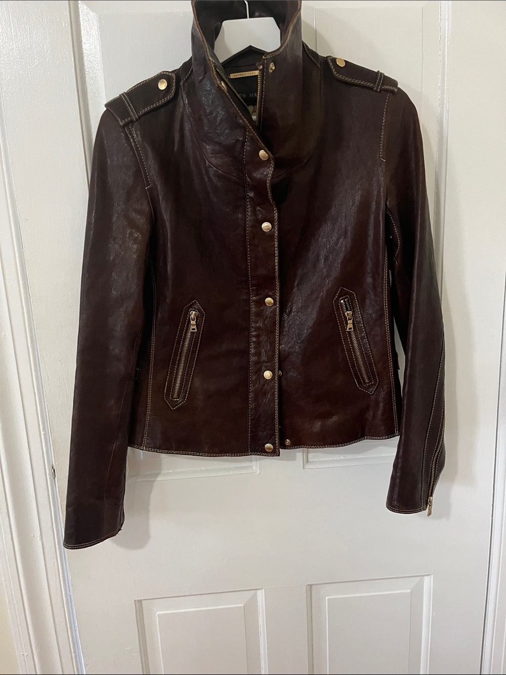 Andrew Marc Women's Deep Brown Leather Jacket with High Collar